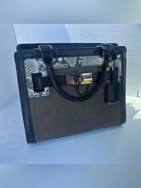 ALDO Structured Brown and Black Tote with Snake-Print Accent